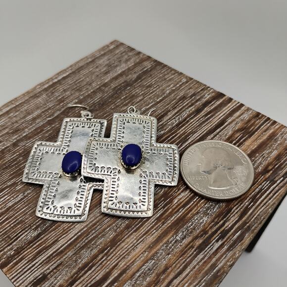Southwestern Lapis and Sterling Silver Cross Earrings - Picture 5 of 6